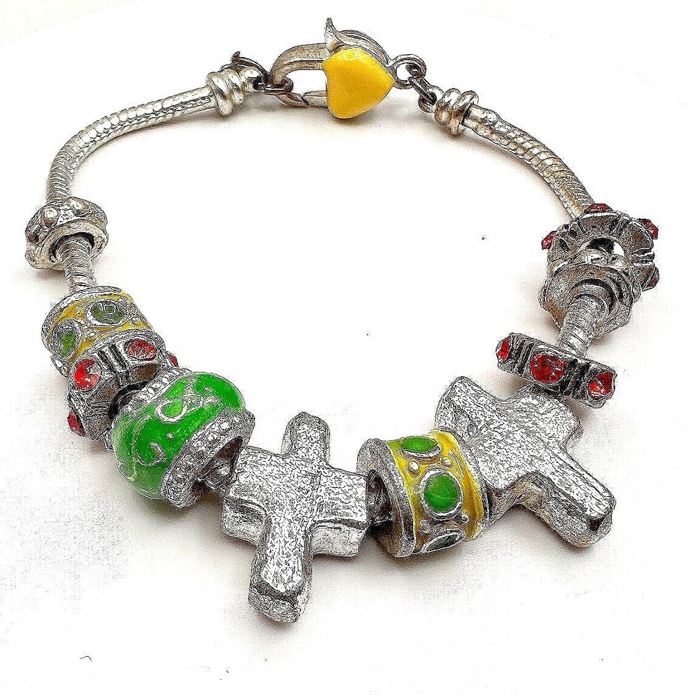 Vintage 90s Religious Charm Bracelet Silver Tone Multi-Color Cross Heart Jewelry
